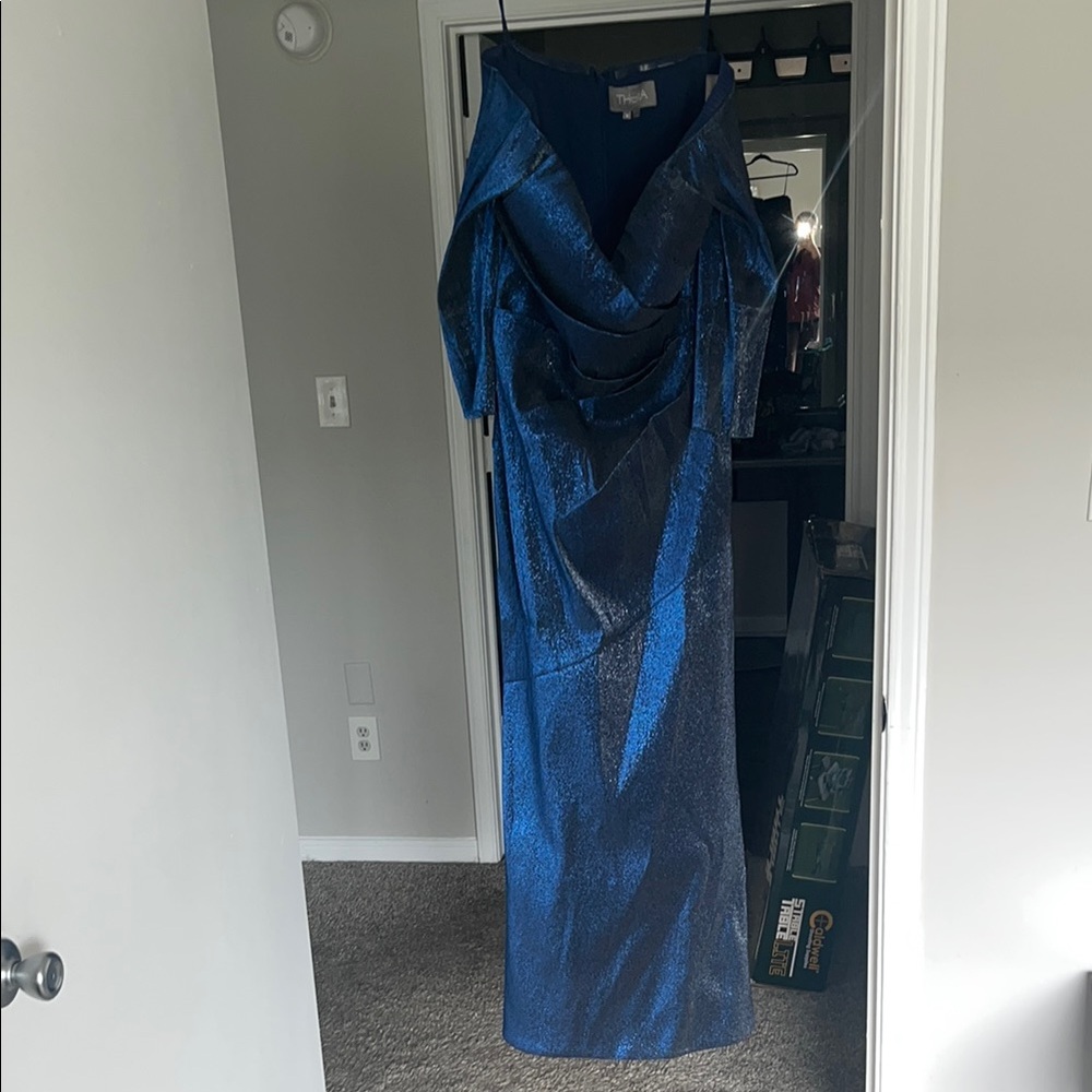 Theia Blue Ruched Wrap Gown